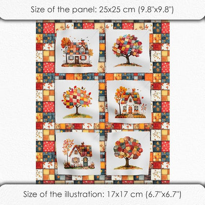Autumn Patchwork Cottage Fabric Panel – Six 10×10 inch Designs + Bonus 29.5×19.6 inch Patchwork Sheet, 100% Turkish Cotton 140 GSM