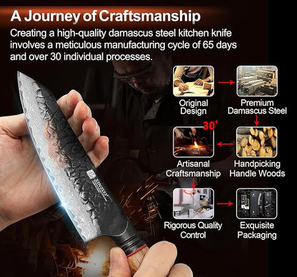 XINZUO 5.7 Inch Damascus Small Santoku Knife,67-Layer Damascus Steel Razor Sharp Blade,Multi-Purpose Kitchen Knife For Meat,Vegetables & All Tasks With White Oak + Red G10 Gasket Handle