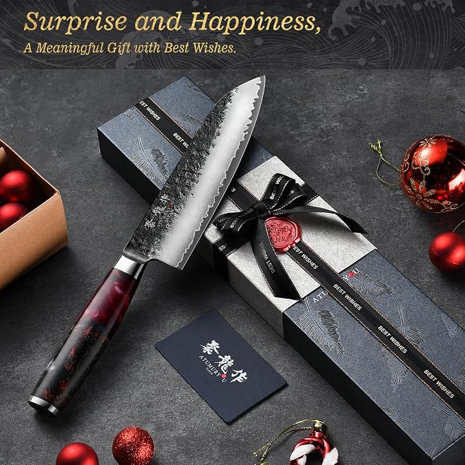 Japanese Chef Knife, 7 Inch Hand Forged Santoku Knife with VG10 Steel, Chefs Knives for Professional & Home Kitchen, Sharp Kitchen Knives with Red Ergonomic Handle, Cooking Gifts for Men and Women