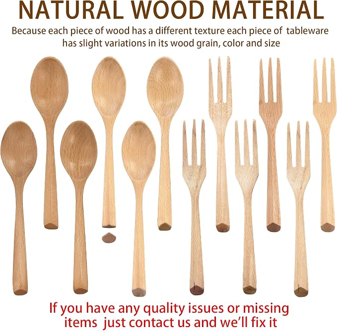6Pcs Wood Soup Spoons And Forks Sets 7.5In Natural Wood Eating Utensils Wooden Flatware Set, Eco Friendly Wood Cutlery Wooden Dinner Fork And Spoon, 3 Spoons and 3 Forks