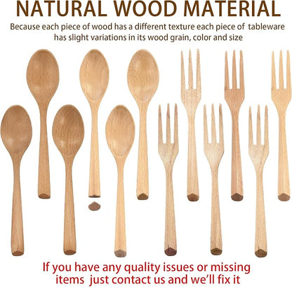 6Pcs Wood Soup Spoons And Forks Sets 7.5In Natural Wood Eating Utensils Wooden Flatware Set, Eco Friendly Wood Cutlery Wooden Dinner Fork And Spoon, 3 Spoons and 3 Forks