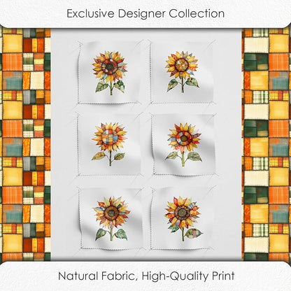 Patchwork Sunflower Cotton Fabric Panel – Six 10×10 inch Designs + Bonus 29.5×19.6 inch Patchwork Sheet, 100% Turkish Cotton 140 GSM