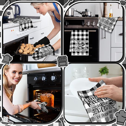 Sratte 6 Pcs Kitchen Decor Accessories Set Farmhouse Towels Pot Holders Oven Mitts Set 2 Dish Towels 2 Potholders 2 Cooking Mittens Oven Glove for Christmas Baking Cooking Supply(Black White,Kitchen)