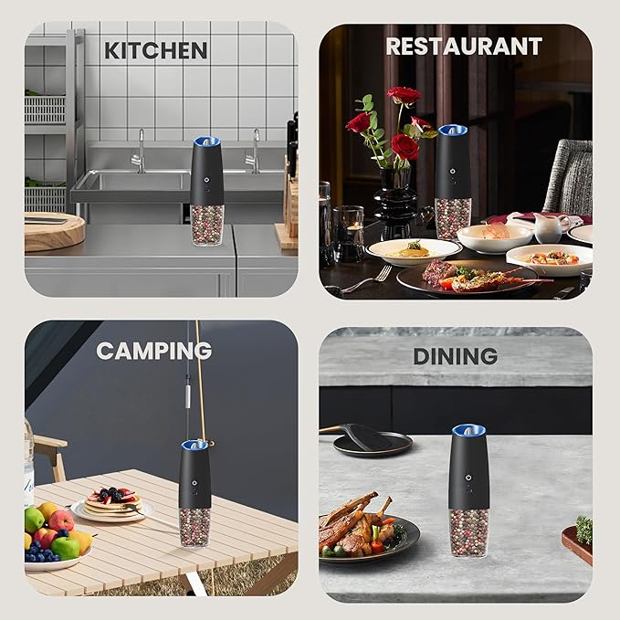 Rechargeable Salt And Pepper Grinder with LED Light, Automatic Electric Gravity Salt And Pepper Shakers, No Battery Needed, Adjustable Roughness, 1 Pack (Black)