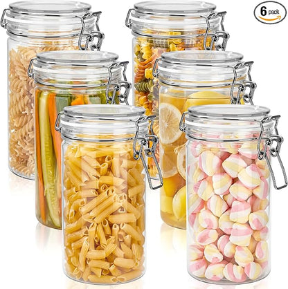 Suclain 6 Pack 34oz/1000ml Plastic Jars with Lids Bulk, Clear Wide Mouth Food Storage Jars Empty Airtight Sealed Canister Kitchen Storage Container for Pantry Organize Dry Goods Cereal Pasta Pickling