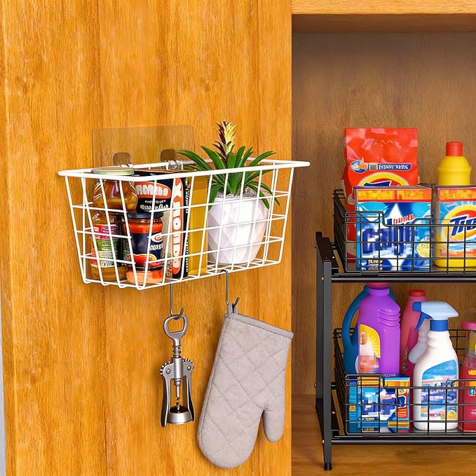 MaraFansie Wall Wire Baskets Bin No Drilling Adhesive Hanging Baskets Wall Mounted for Cabinet & Pantry Organization and Kitchen, Bathroom, Bedroom Storage, 2 Pack, White