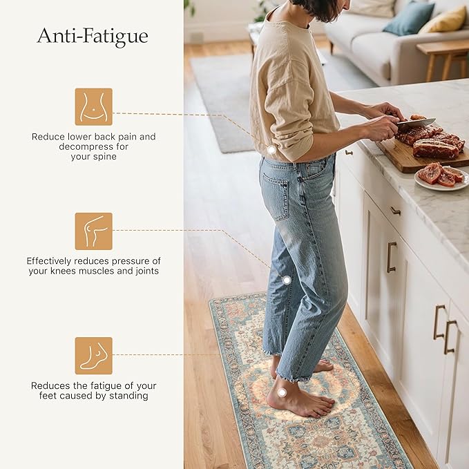 GENIMO Kitchen Mats for Floor 2PCs, Washable Anti Fatigue Mat for Cushioned, 17.3"x59"+17.3"x30", Waterproof Kitchen Rugs, Non Slip Comfort Standing Mat Rug for Home, Sink, Laundry, Blue&Salmon