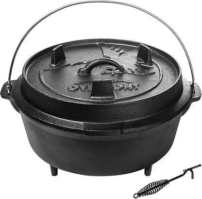 Overmont 9QT Cast Iron Dutch Oven Pre-Seasoned Camping Dutch Oven Pot with Legs, Lid Lifter & Dual Handles, Cast Iron Pot with Skillet Lid for Campfire Cooking, BBQ, Grill, Stove, Outdoor Use