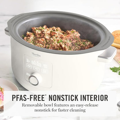 Martha Stewart 8 QT Slow Cooker, Programmable with Timer, 3 Heat Settings (Low, High, Warm), Nonstick Ceramic Removable Crock, Stovetop & Oven Safe, Glass Lid, Simmer, Reheat, Warm, Linen