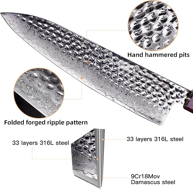 FINDKING Eternity Series Japanese Chef Knife with ABS sheath, Professional Kitchen Knife, 9Cr18MoV Damascus Steel Blade, Resin Octagonal Handle, Sharp, for Meat Cutting, 8 Inches