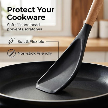 Cooking Spoon for Nonstick Cookwares,Cedar and Ash Spoon, Multifunction Spatula Cooking Spoon, Perfect Silicone Spoon for Mixing, Scoop, and Scrape(BLACK)