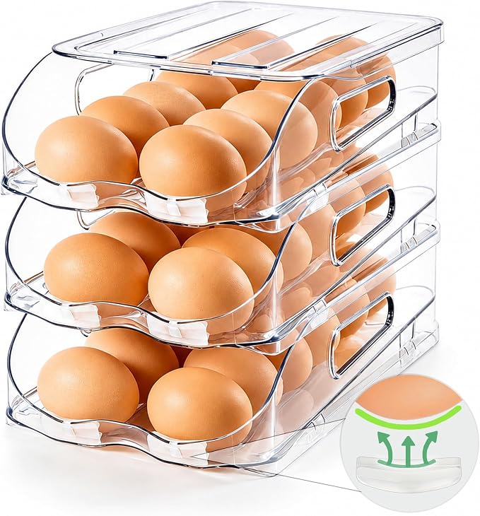 SMRCAD Egg Holder for Fridge, Automatic Steady Rolling Egg Container with Soft Bumpers & Handle for Refrigerator, Stackable Fridge Organizers and Storage with Lid