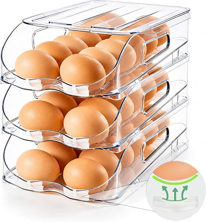 SMRCAD Egg Holder for Fridge, Automatic Steady Rolling Egg Container with Soft Bumpers & Handle for Refrigerator, Stackable Fridge Organizers and Storage with Lid