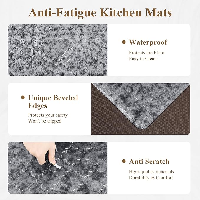 HEBE Kitchen Mat Cushioned Anti Fatigue Comfort Floor Mat 20"x60" Waterproof Non Slip Kitchen Rug Runner Laundry Room Rug Floor Carpet Heavy Duty Comfort Standing Mat Pads,Silver Grey