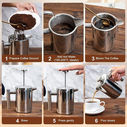 FrutPunch French Press Coffee Maker with Scale, 304 Stainless Steel French Press, 17OZ, Double-Wall Insulated, Food Grade, Suitable for Kitchen and Travel Camping