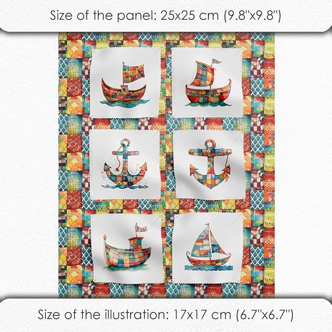 Patchwork Boat Cotton Fabric Panel – Six 10×10 inch Designs + Bonus 29.5×19.6 inch Patchwork Sheet, 100% Turkish Cotton 140 GSM