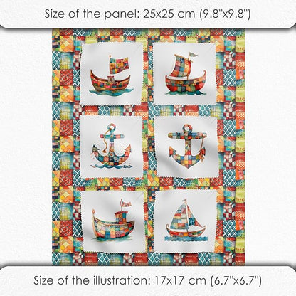 Patchwork Boat Cotton Fabric Panel – Six 10×10 inch Designs + Bonus 29.5×19.6 inch Patchwork Sheet, 100% Turkish Cotton 140 GSM