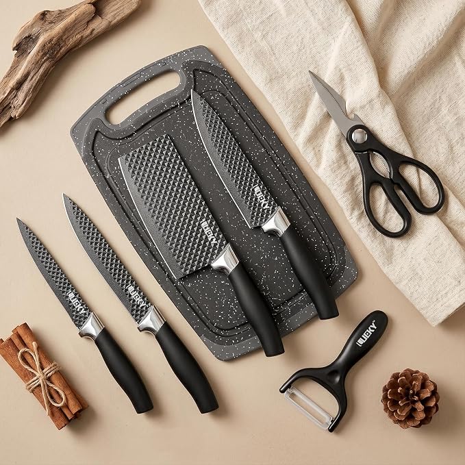 Knife Set, 7 Pieces Kitchen knife Set with Healthy Anti-Rust Coating, Stainless Steel Professional Chef Knife Sets with Elegant Box, Kitchen Knives with Scissors & Peeler & Cutting Board for Cooking