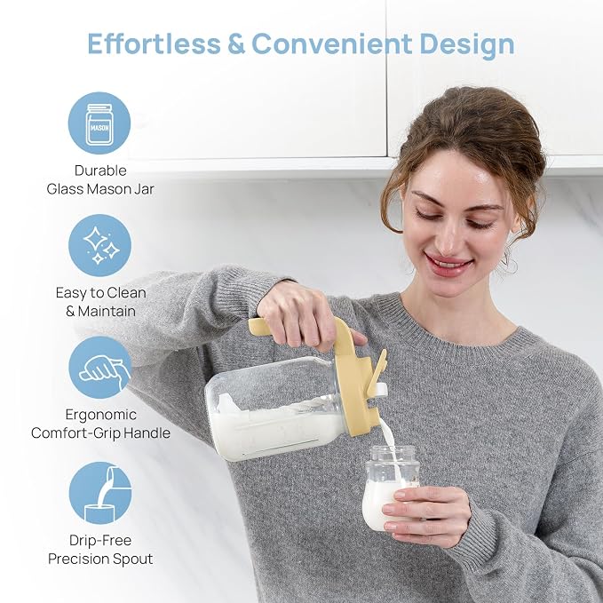 Papablic Glass Breastmilk Pitcher, Formula Mixing Pitcher with Mixing Handle Lid, Wide Mouth Mason Jar Mixer with Flip Locking Spout, Easy to Clean, BPA Free, Yellow