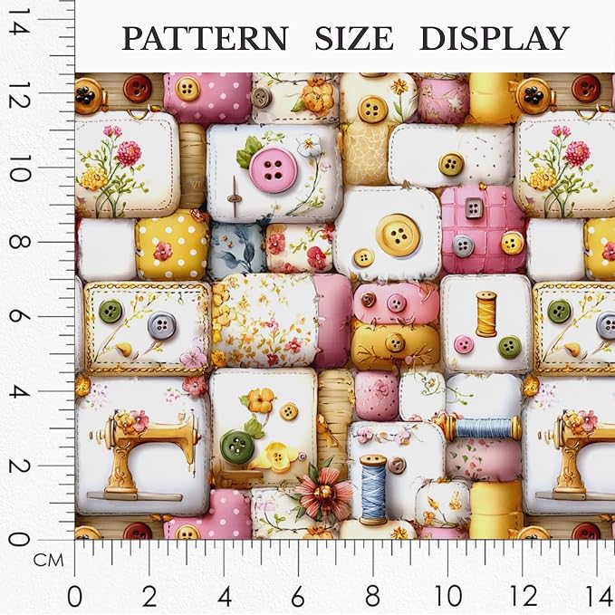 Vintage Sewing Notions Patchwork Cotton Fabric Panel 61 x 36.6 Inches, Buttons & Threads Quilt Print, Soft Pastel Multicolor Tones, 100% Cotton 140 GSM