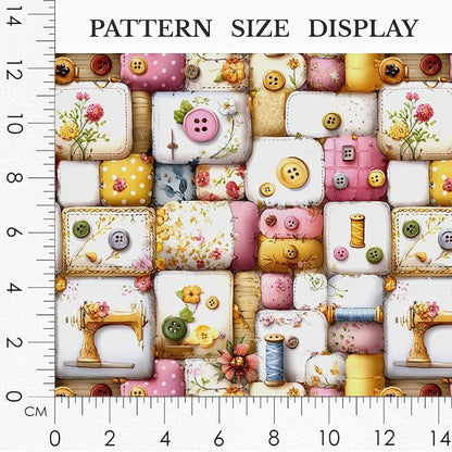 Vintage Sewing Notions Patchwork Cotton Fabric Panel 61 x 36.6 Inches, Buttons & Threads Quilt Print, Soft Pastel Multicolor Tones, 100% Cotton 140 GSM