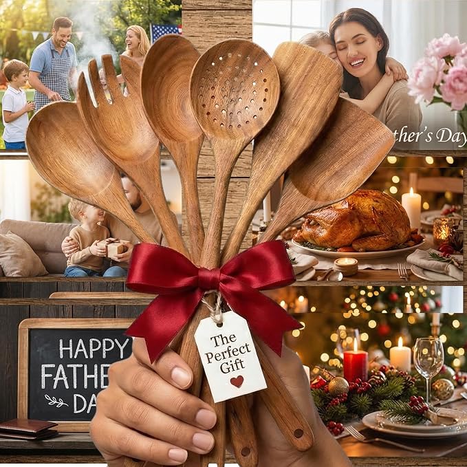 DADU BADU 6 Piece Teak Wood Utensil Set Non Toxic, Handmade Cooking Spoons & Spatulas for Nonstick Cookware Includes Wok Spatula, Skimmer & Salad Set Heat Resistant Kitchen Utensil Gift Set