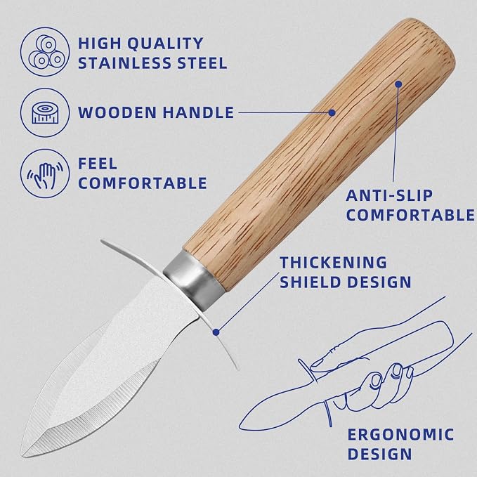 Oyster Shucking Knife Wood Handle Shucker Opener Tools and Cut Resistant Level 5 Protection Gloves Set Seafood Kit(1cloth+1lemon squeezer)