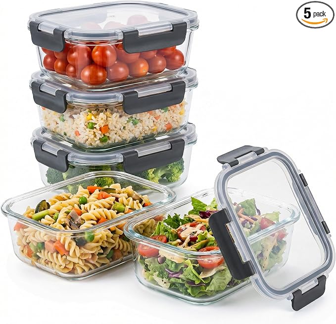 5 Pack Glass Meal Prep Containers 35oz, High Borosilicate Glass Food Storage Containers with Black PP Lids, Airtight Leakproof Lunch Boxes, Microwave, Oven, Dishwasher, Freezer Safe