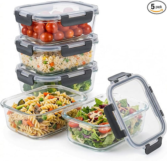 5 Pack Glass Meal Prep Containers 35oz, High Borosilicate Glass Food Storage Containers with Black PP Lids, Airtight Leakproof Lunch Boxes, Microwave, Oven, Dishwasher, Freezer Safe
