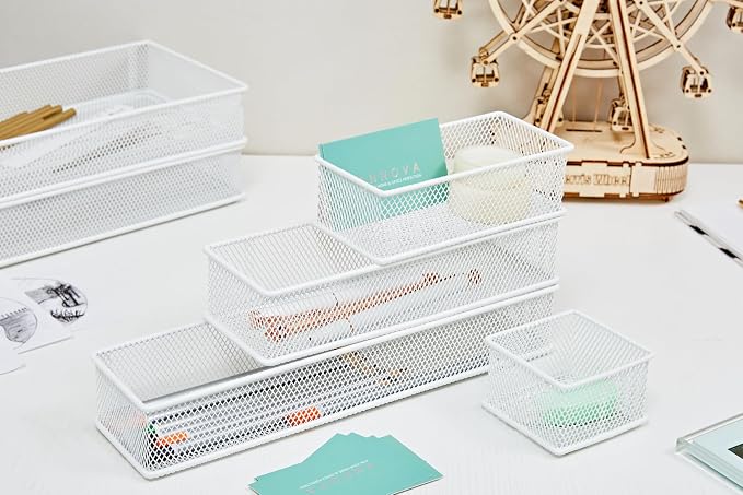 Annova Mesh Stackable Drawer Cabinet and Shelf Organizer Bins Storage Basket School Office Supply Holder Tray- Set of 2 (White, 3x12x2 Inch)