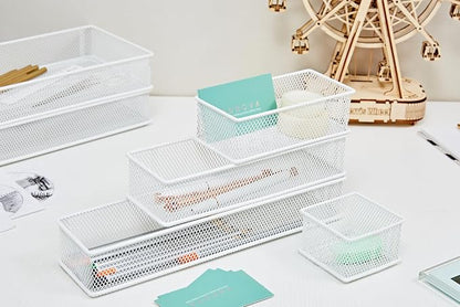 Annova Mesh Stackable Drawer Cabinet and Shelf Organizer Bins Storage Basket School Office Supply Holder Tray- Set of 2 (White, 3x12x2 Inch)
