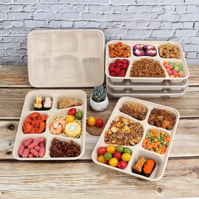 Sugarcane Fiber 40 oz 6 Compartments disposable plates with Lids Bagasse Plant Fibers Freezer Safe 25 Pack