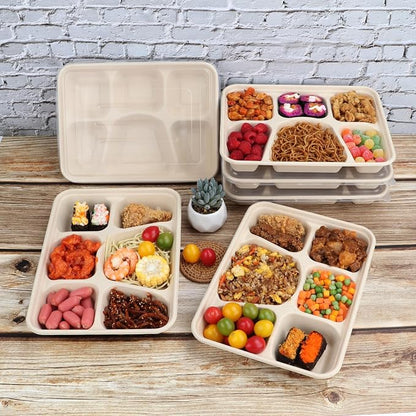 Sugarcane Fiber 40 oz 6 Compartments disposable plates with Lids Bagasse Plant Fibers Freezer Safe 25 Pack