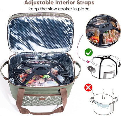 Double Layer Slow Cooker Carrier Bag for 6-8 Quart Oval CrockPot, Insulated Crock Pot Travel Bag with Top Zip Compartment and Front Pocket for Utensils