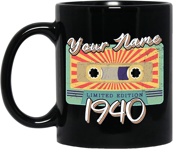 Personalized Vintage Cassette Tape Vintage 1940 Mug, Custom Your Name, 1940 Retro Coffee Mug, 82nd Birthday Present Gifts, 1940 Birthday Gift For Friends Family, Customizable Black Tea Cups