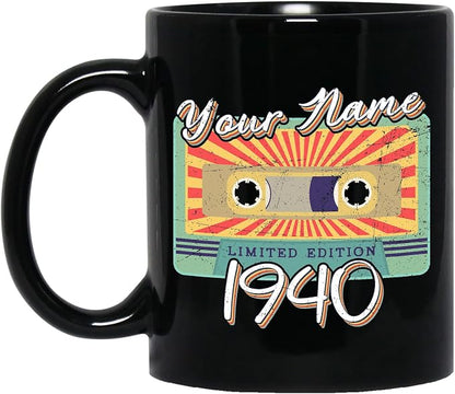 Personalized Vintage Cassette Tape Vintage 1940 Mug, Custom Your Name, 1940 Retro Coffee Mug, 82nd Birthday Present Gifts, 1940 Birthday Gift For Friends Family, Customizable Black Tea Cups