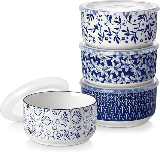 vancasso 36 Oz Ceramic Serving Bowls with Lids Set of 4, Porcelain Lunch Bowls with Lids for Food Storage, Prep Bowl for Kitchen, Microwave & Dishwasher Safe,Series SELENE
