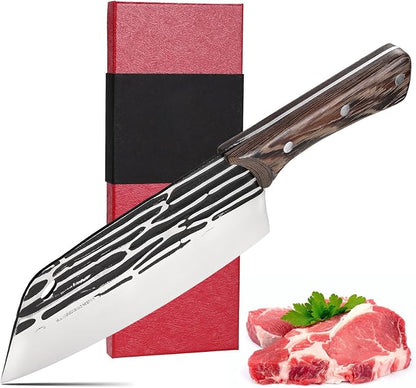 Forged Meat Cleaver Kitchen Butcher Knife for Meat Cutting and Slicing, Serbian Chef Knife with Wood Handle and Gift Packaging
