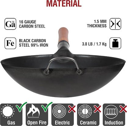 YOSUKATA 14" Carbon Steel Wok with Round Bottom – Pre-Seasoned Pow Wok for Stir Fry – Traditional Chinese Japanese Black Steel Pan – Outdoor Cookware for Gas Stovetops, Open Fire, BBQ, Camping