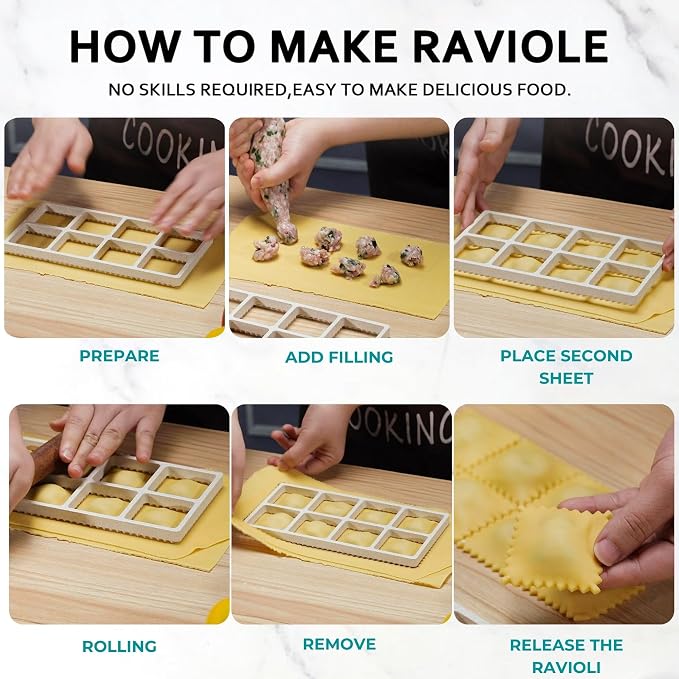 Ravioli Maker Press, Ravioli Press Mold Set - Heart Ravioli Stamp Maker Cutter with Wood Rolling Pin, 2.6" Empanada Maker Press Kit and Ravioli Wheel, Makes 6 Ravioli