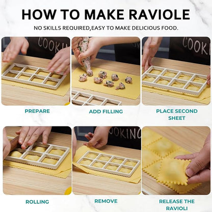 Ravioli Maker Press, Ravioli Press Mold Set - 1.85" Squares Ravioli Stamp Maker Cutter with Wood Rolling Pin, 2.6" Empanada Maker Press Kit and Ravioli Wheel, Makes 8 Ravioli