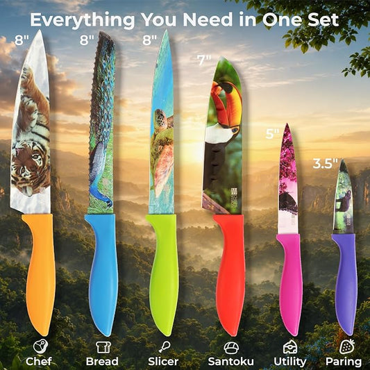 CHEF'S VISION Wildlife Knife Set-6-Piece Stainless Steel Cutting Knives Set for Kitchen with Stunning Animal Designs - Great Gift for Women or Men - Unique Kitchen Knife Set Gift for Nature Lovers