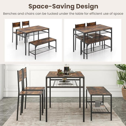 Giantex Dining Table Set for 4, Kitchen Table with Chairs & Bench, Storage Racks, Metal Frame, 4-Piece Space-Saving Dinette Set for Dining Room, Breakfast Nook, Small Space, Apartment,Rustic Brown