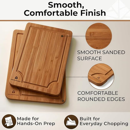 Wooden Cutting Board Set of 3 - Thick & Durable Bamboo Wood Cutting Boards for Kitchen - with Deep Juice Grooves & Built-In Handles - Large Surface, Easy to Clean - for Meat, Vegetables and Fruits