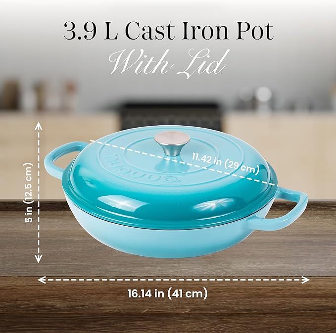 Shallow Cast Iron Casserole with Lid – Non Stick Dutch Oven Pot, Oven Safe up to 500° F – Sturdy Ovenproof Stockpot Cookware – Enamelled Cooking Pot – Blue, 3.7-Quart, 30cm – by Nuovva