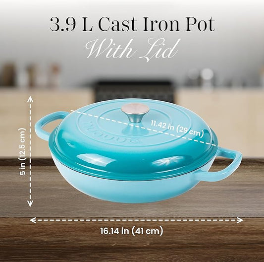 Shallow Cast Iron Casserole with Lid – Non Stick Dutch Oven Pot, Oven Safe up to 500° F – Sturdy Ovenproof Stockpot Cookware – Enamelled Cooking Pot – Blue, 3.7-Quart, 30cm – by Nuovva