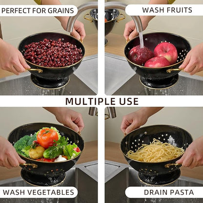 Metal Colander 2 Pack, 3.5 Quart Powder Coated Self-draining Solid Ring Base Metal Large Kitchen Pasta Vegetable Fruit Strainer with Handle (L-BLACK)