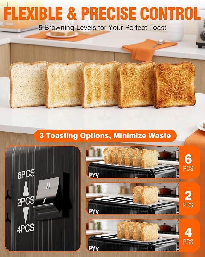 PYY Professional Commercial 6 Slice Toaster - 1800W Stainless Steel Heavy Duty Toaster, 6 Browning Levels, 1.1" Wide Slots, Removable Crumb Tray for Bagels Bread Waffles (Commercial & Home Use), Black