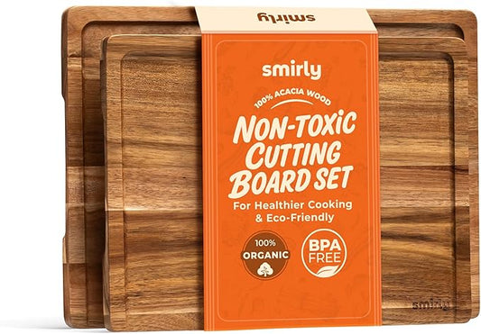 SMIRLY Acacia Wood Cutting Boards for Kitchen - Wood Cutting Board for Meal Prep, Serving, Charcuterie - Kitchen Gadgets, House Warming Gifts - Wooden Chopping Board Set of 2