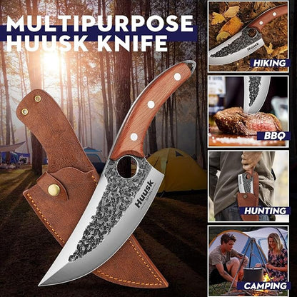 Huusk Japanese Knife with Leather Sheath, Full Tang Viking Chef Knives | Hand Forged High Carbon Steel Meat Cleaver with Finger Hole for Camping Outdoor BBQ Cooking Kitchen, Fathers' Day Gift